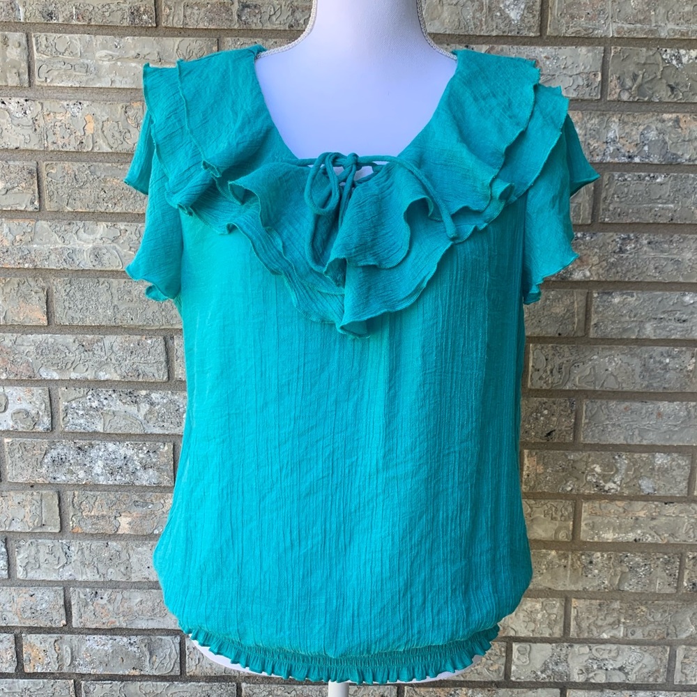 New Directions Teal Ruffle top Large